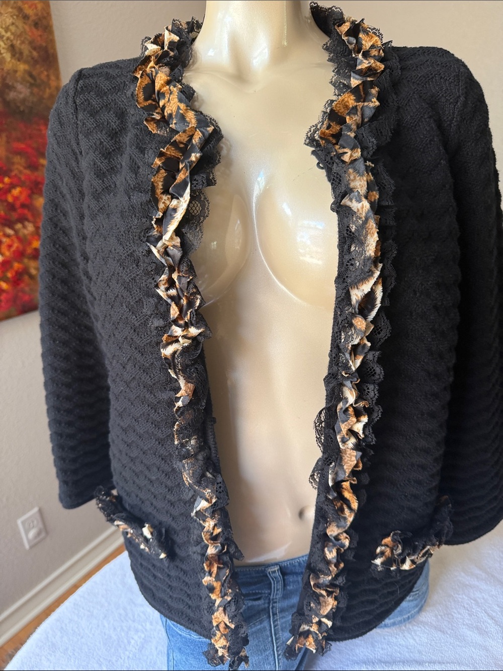 Chico's Black Cardigan with Leopard-Trim Ruffle
